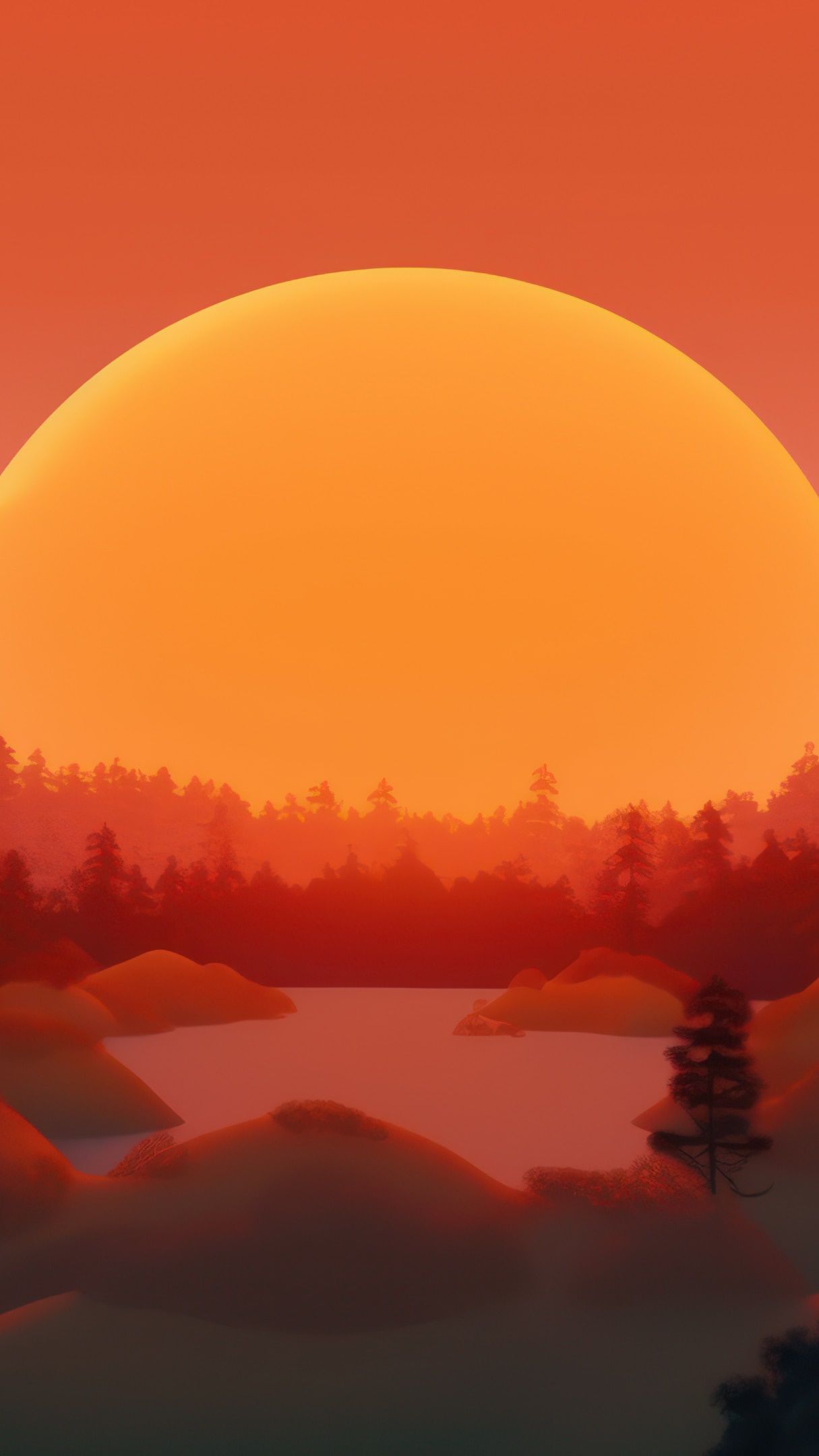 Fiery Sunset Over Serene Forest Landscape Backiee