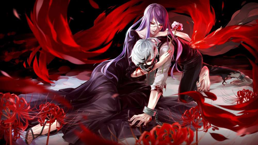 Crimson Embrace in a Dark Anime Fantasy wallpaper