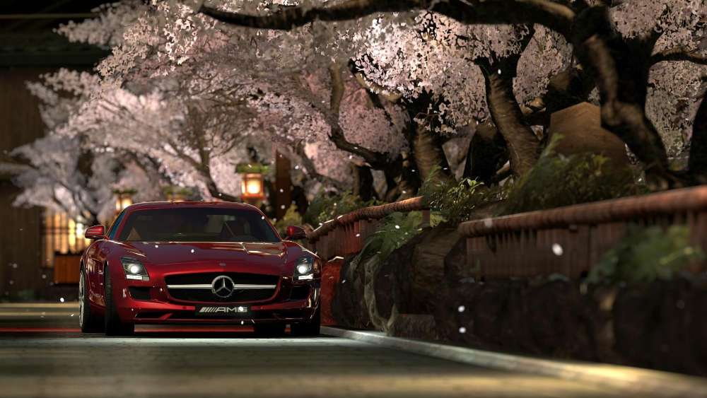 Mercedes SLS AMG Under Cherry Blossoms wallpaper