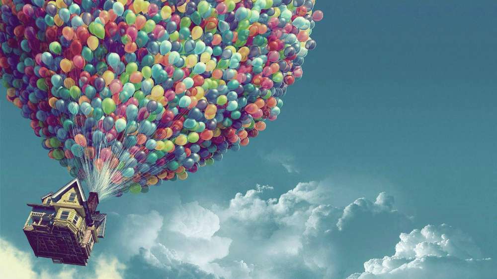 Flying House with Balloons wallpaper