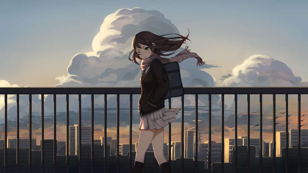 Schoolgirl Overlooking Sunset Cityscape wallpaper