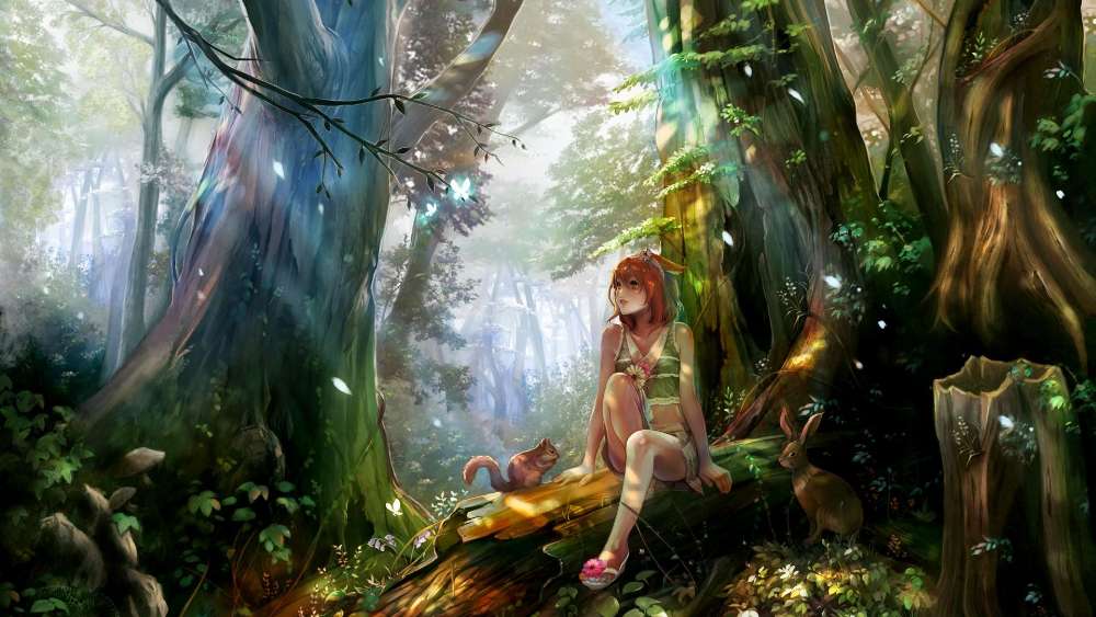 Whimsical Forest Encounter with Anime Neko wallpaper