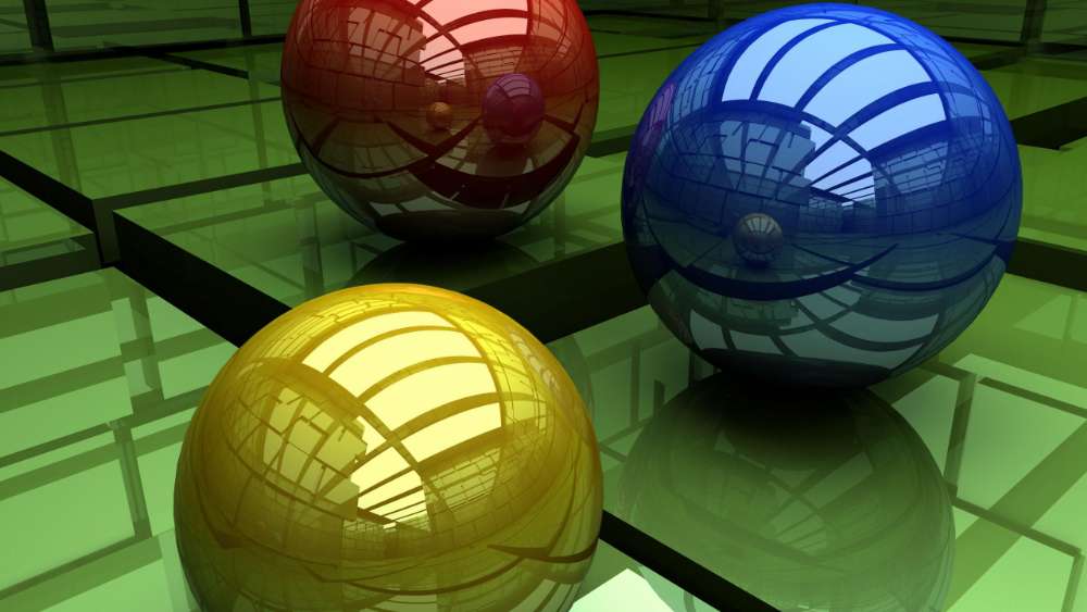 Colorful Spheres on a Reflective Grid wallpaper