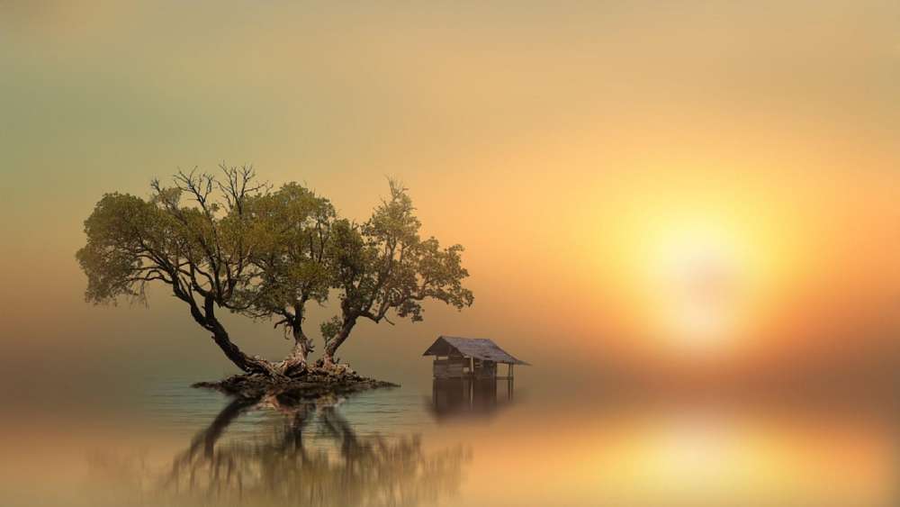 Serene Cottage by the Water at Dusk wallpaper