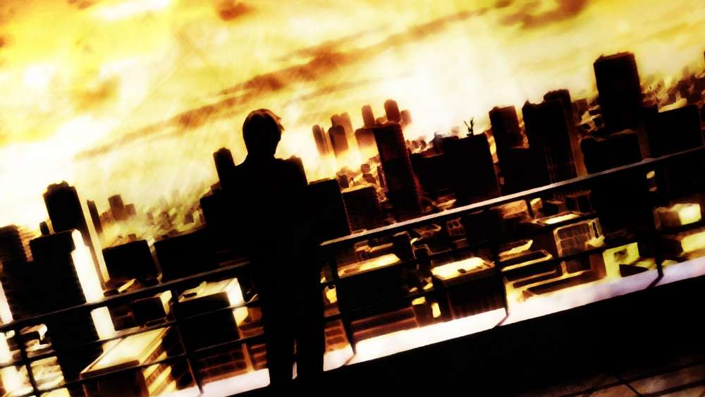 Shadowed Figure Overlooking Dystopian Skies wallpaper