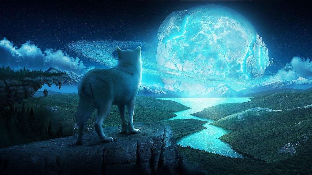 Mystical Wolf Gazing at a Celestial Orb wallpaper