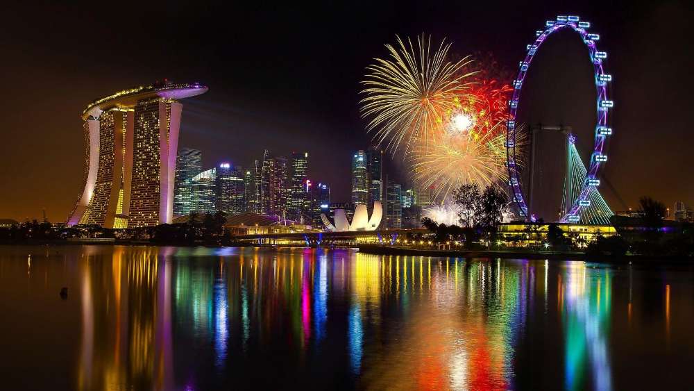 Singapore Skyline Illuminated by Fireworks wallpaper