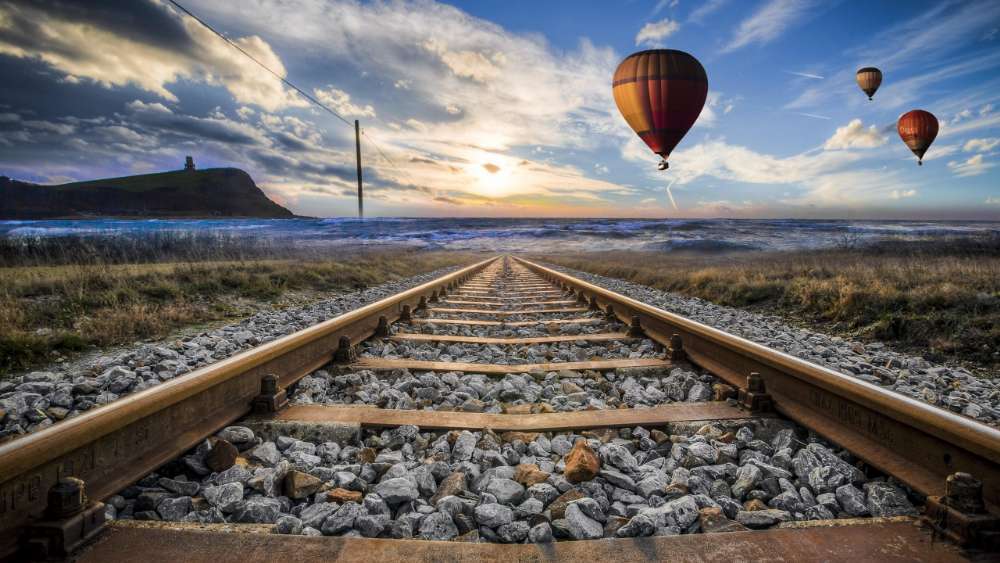 Journey at Dusk with Balloons and Rails wallpaper