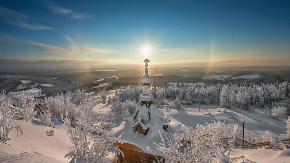 Winter Dawn at the Temple in the Snow wallpaper