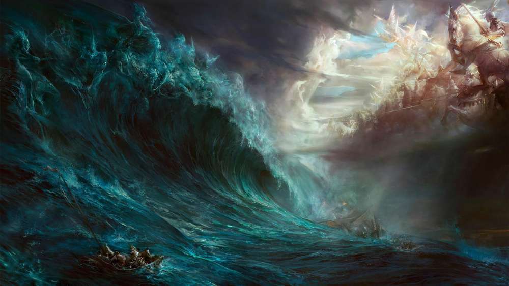 Epic Ocean Clash Amongst Roaring Waves wallpaper