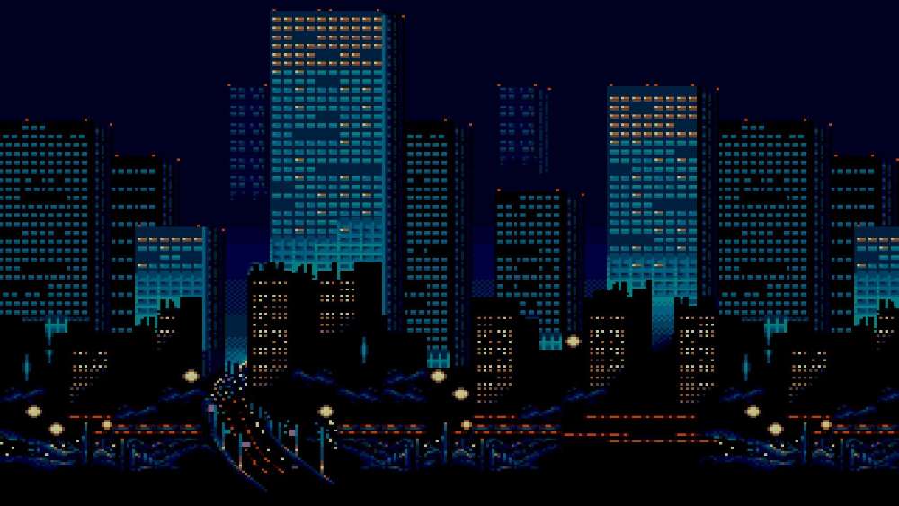 Illuminated night cityscape - Minimalist pixel art wallpaper