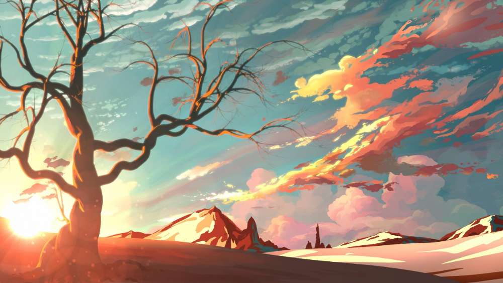 Serene Anime Sunset Landscape wallpaper