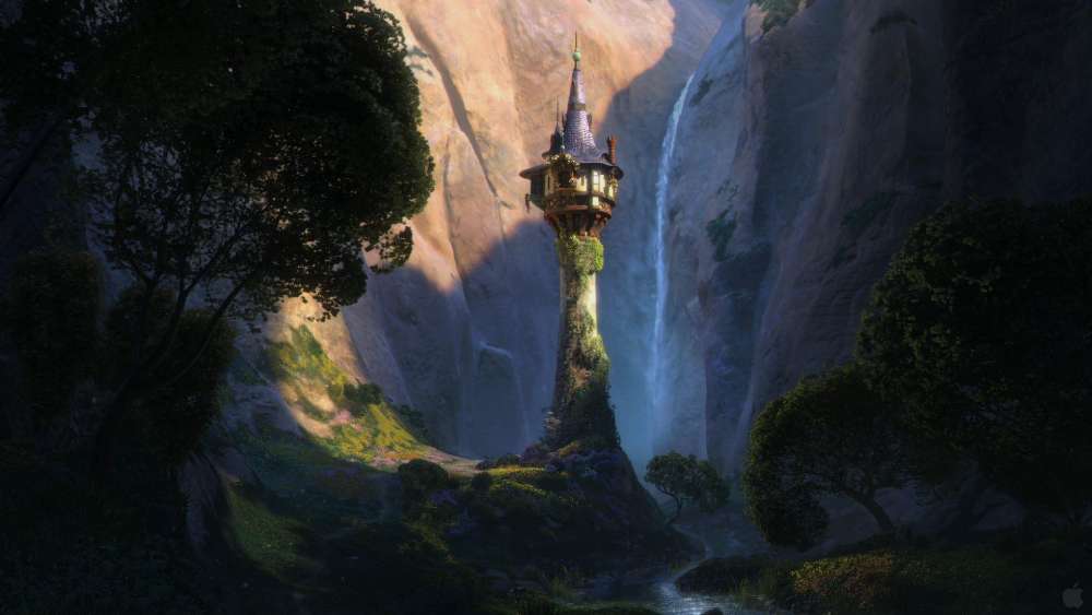 Enchanted Tower Amidst Cascading Waterfalls wallpaper