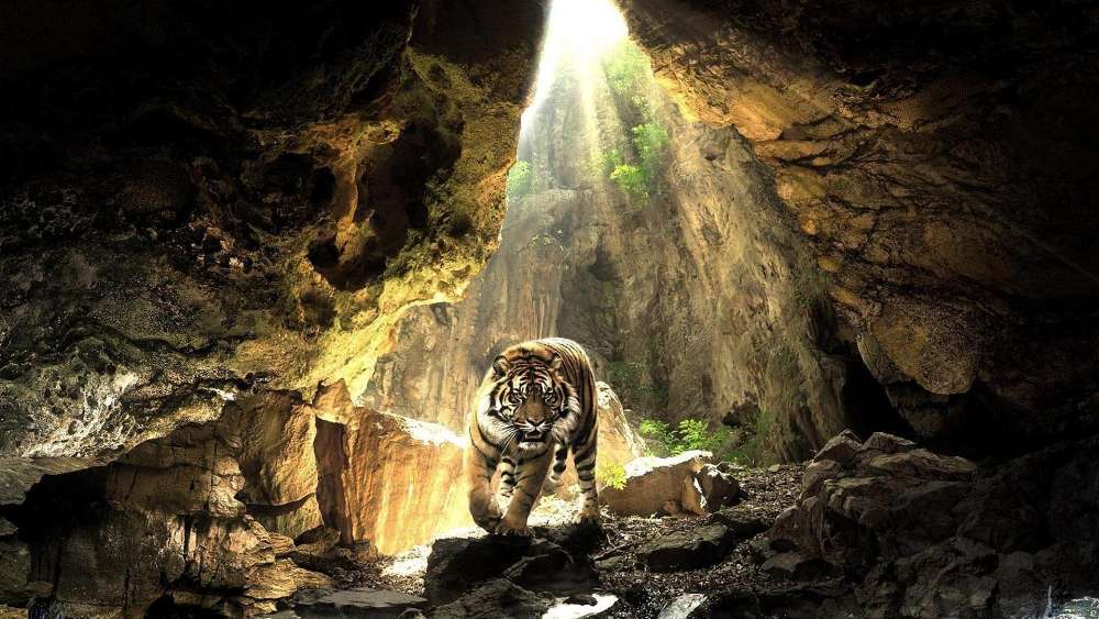 Tiger in the cave wallpaper
