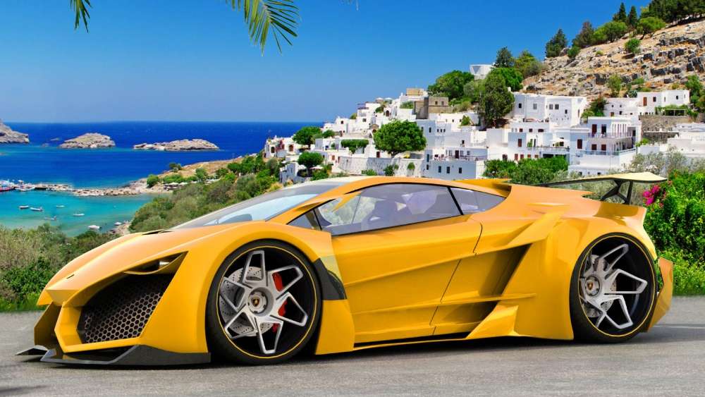 Sleek Yellow Dream Car by the Beach wallpaper