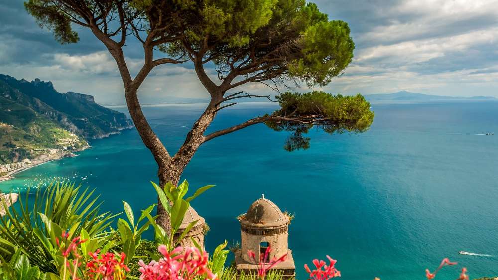 Mediterranean Vista from a Floral Paradise wallpaper