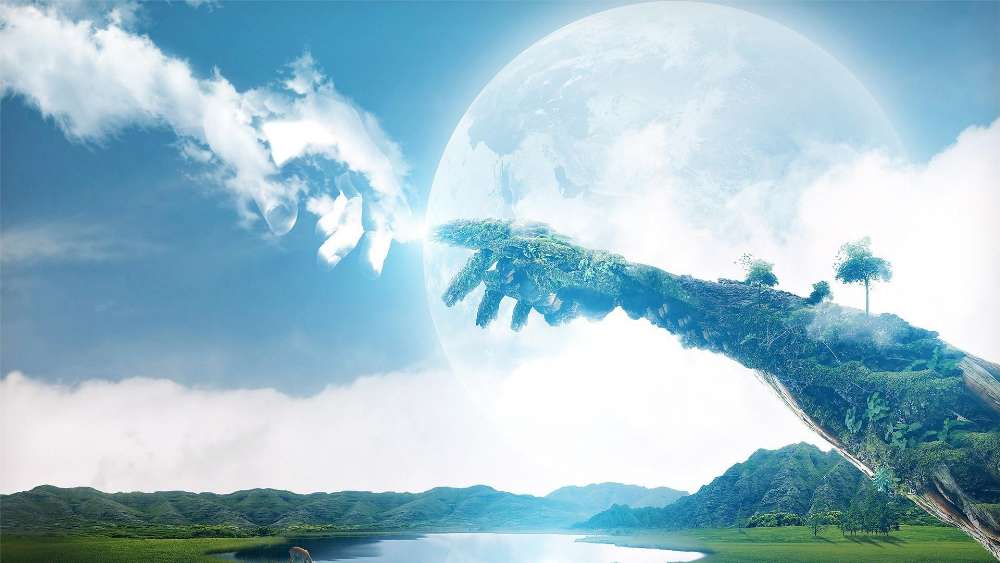 Surreal Celestial Touch in Verdant Dreamscape wallpaper