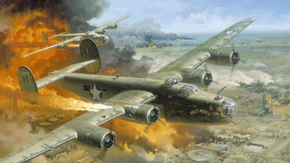 WW2 Aerial Combat Amidst Explosive Skies wallpaper