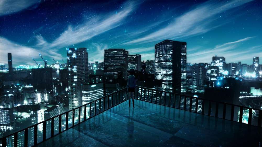 Starry Night Over the Anime Metropolis wallpaper