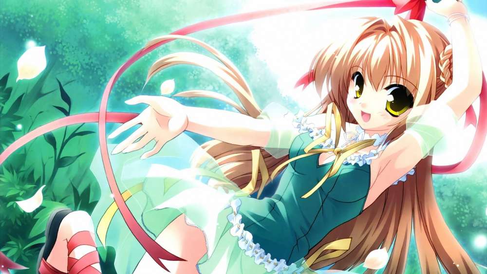 Joyful Anime Girl in a Magical Forest wallpaper