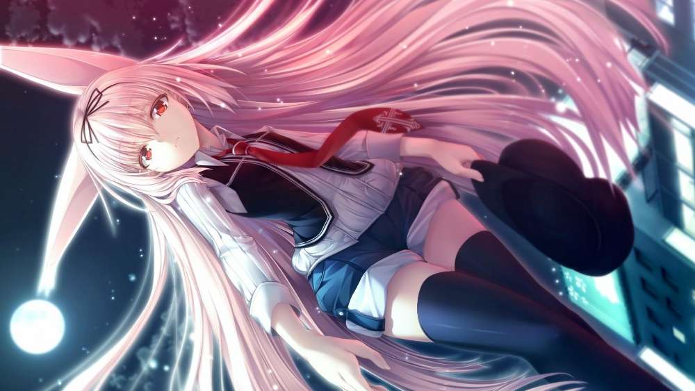 Whimsical Nighttime Escape with Pink-Haired Anime Girl wallpaper