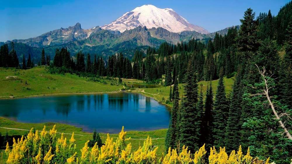 Majestic Mountain and Tranquil Lake Harmony wallpaper