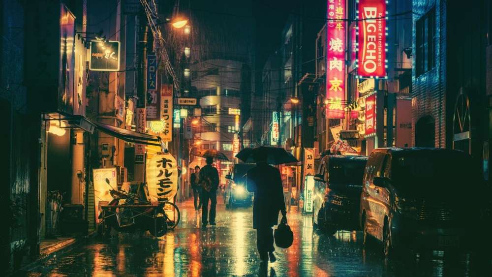 Rainy Night in an Asian Cityscape wallpaper