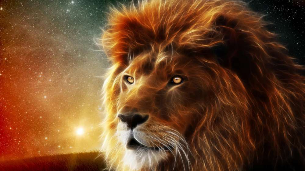Majestic Cosmic Lion in Stellar Gaze wallpaper