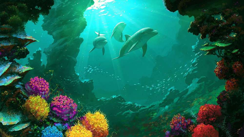 Dolphins in Vibrant Underwater Paradise wallpaper