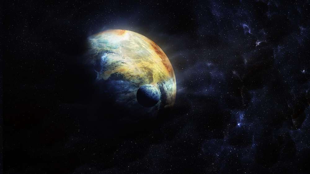 Planet with moon in the outer space wallpaper
