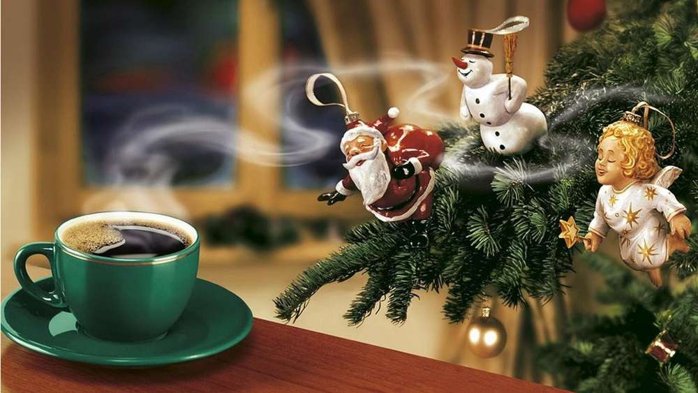 Holiday Warmth with Coffee and Cheerful Ornaments wallpaper