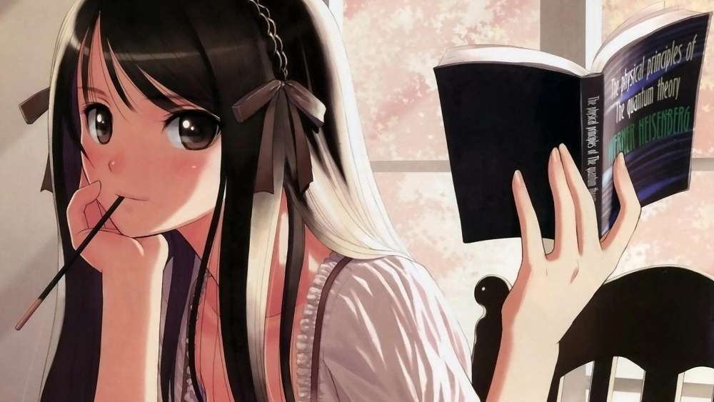 Studious Anime Girl Lost in Books wallpaper