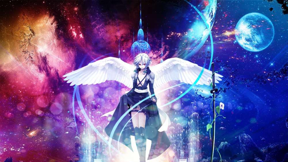 Cosmic Angel with Gray Hair and Red Eyes wallpaper