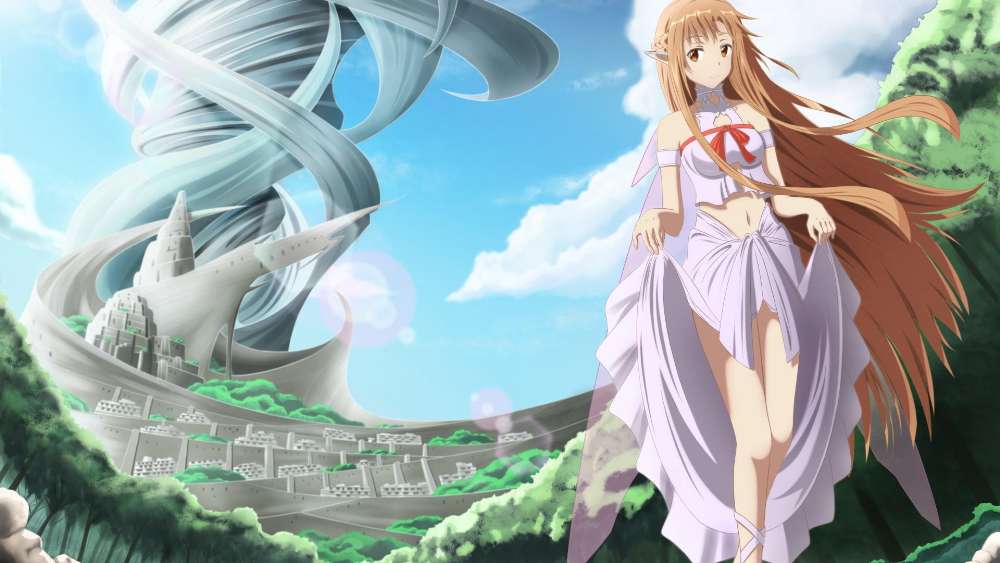 Mystical Anime Maiden Overlooking Fantasy City wallpaper