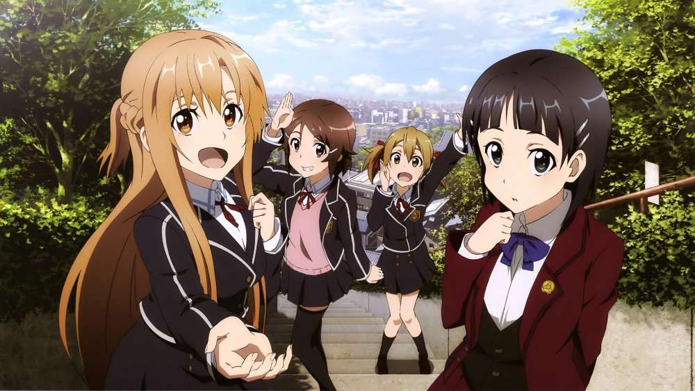 Anime Schoolgirls Enjoying a Sunny Day wallpaper