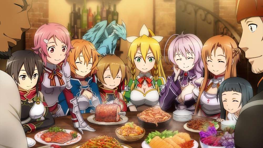 Anime Friends Enjoying a Feast Together wallpaper