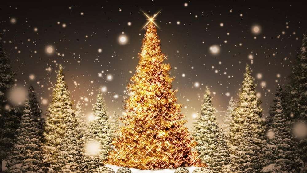 Shimmering Christmas Tree in Snowy Forest wallpaper