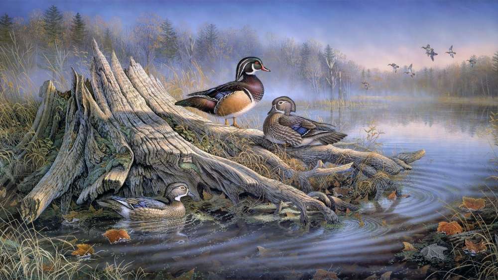Ducks in the autumn lake - Painting art wallpaper