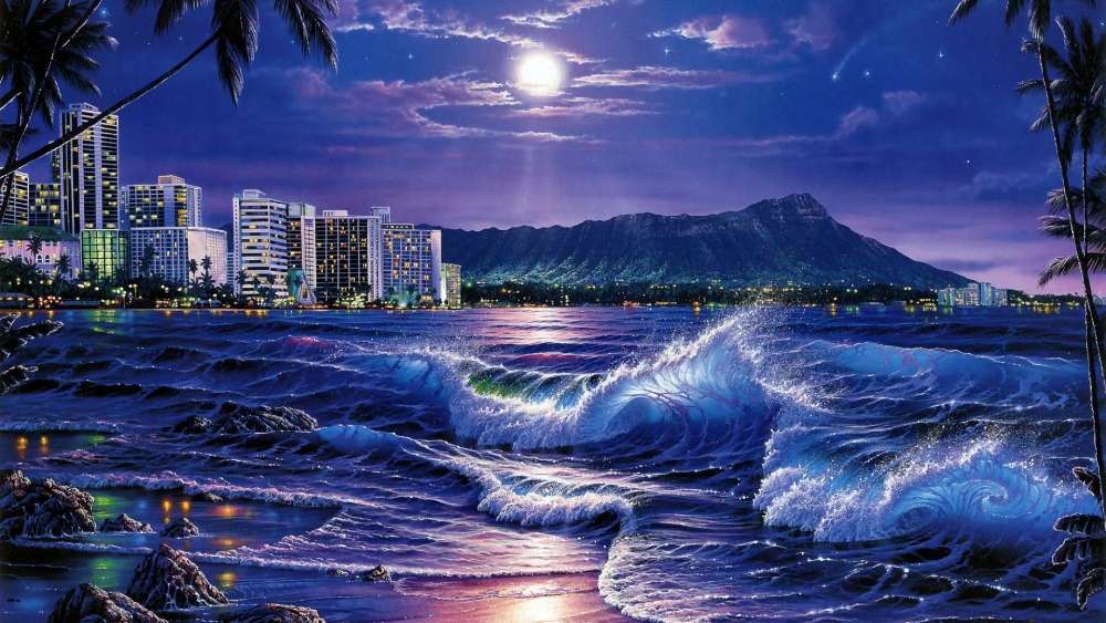 Moonlit Coastal Metropolis wallpaper