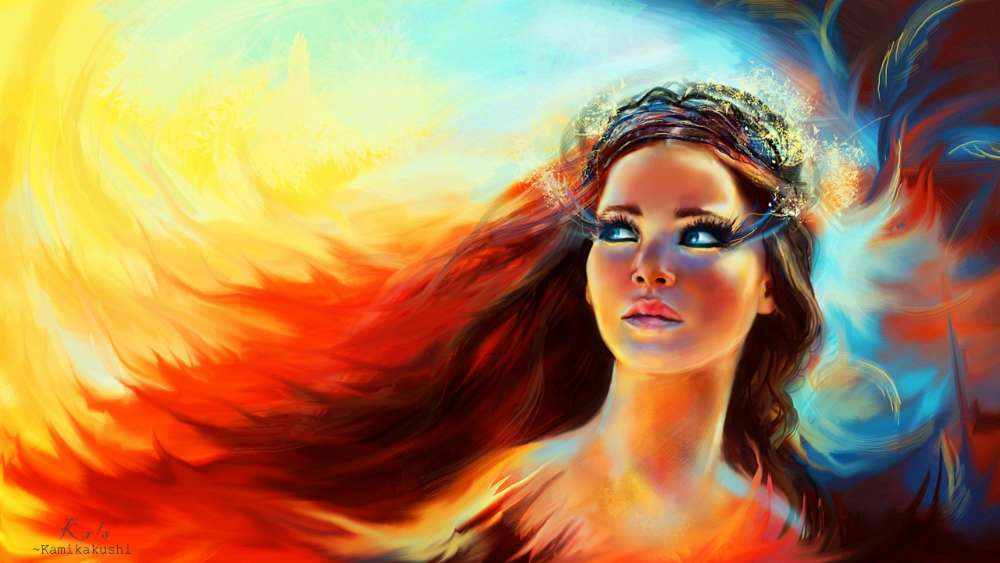 Angelic Vision in Fiery Dreamscape wallpaper