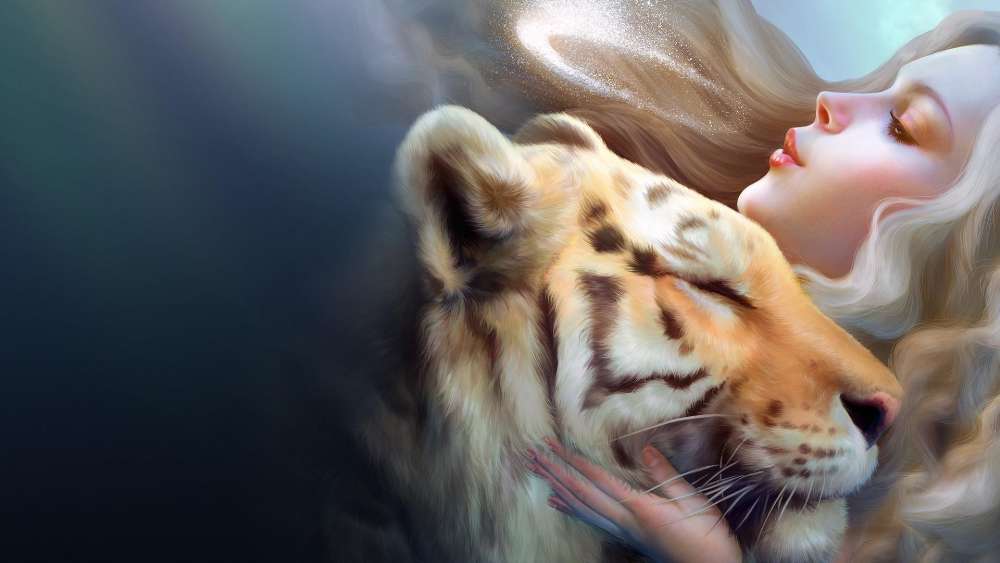 Dreamy Embrace with a Majestic Tiger wallpaper