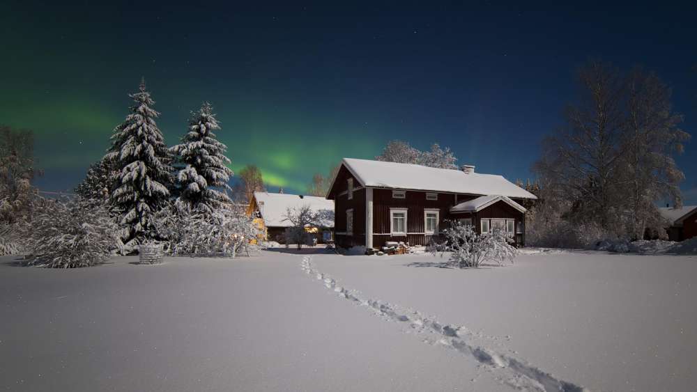 Winter Night Bliss Under Aurora Borealis wallpaper