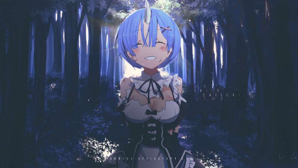 Enchanted Forest Tranquility with Blue-Haired Anime Girl wallpaper