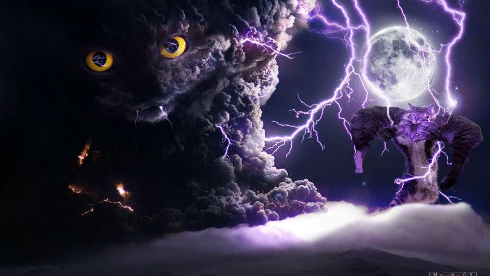 Mystical Feline Overlord Conquers the Night Sky wallpaper