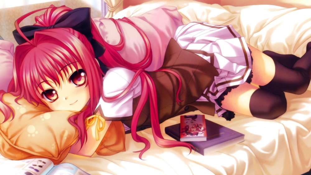 Anime Girl Relaxing in Bed with a Mysterious Smile wallpaper