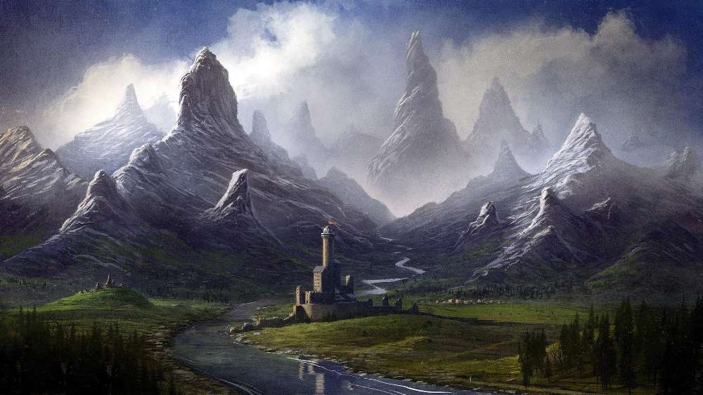 Majestic Castle in a Fantasy Mountain Range wallpaper