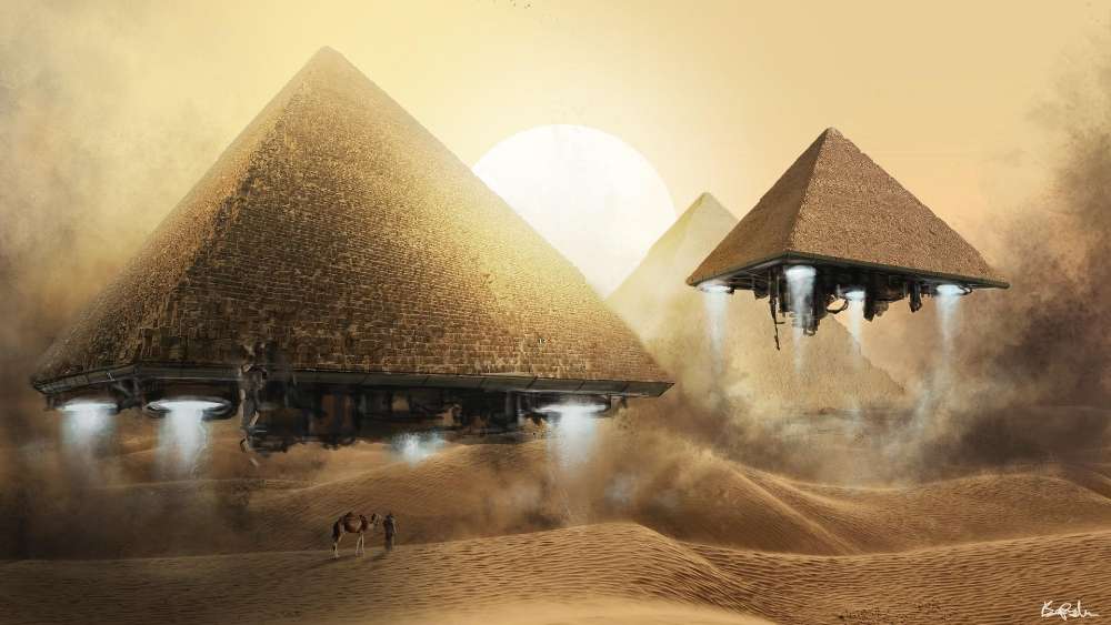 Ancient Pyramids Meet Futuristic Flight wallpaper