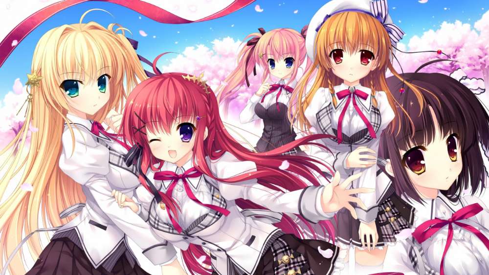 Anime Schoolgirls Friendship in the Sky wallpaper