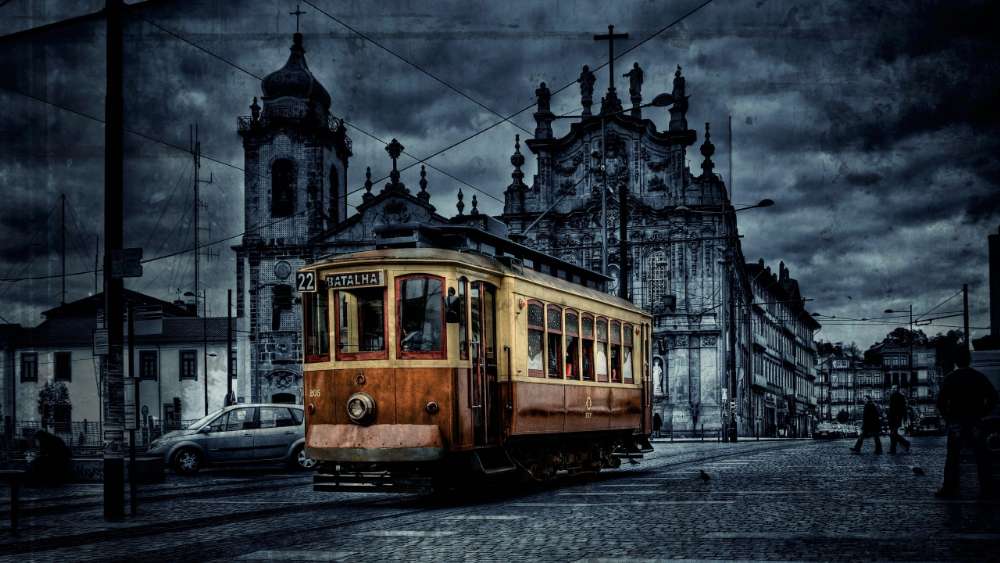 Vintage Tram on a Gloomy City Street wallpaper