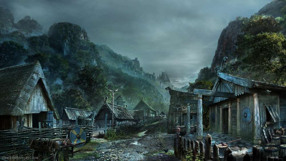 Mystical Viking Village at Dawn wallpaper